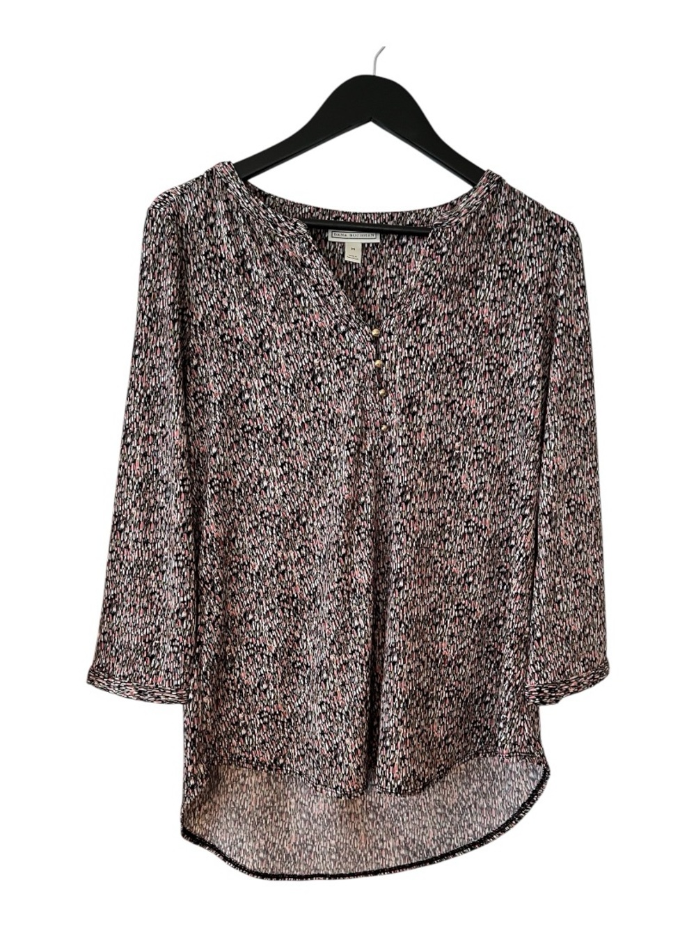 Dana Buchman Black & Pink Speckled Henley Blouse 3/4 sleeves- M